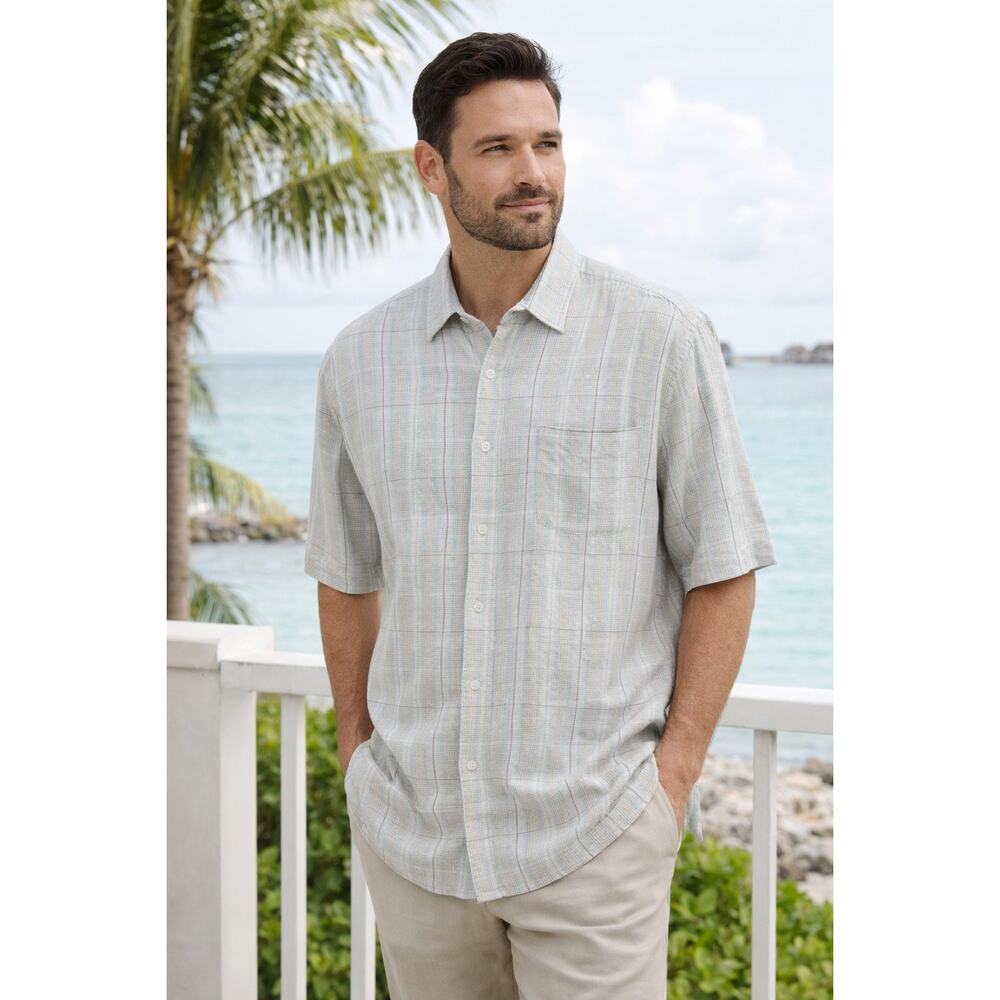 Cubavera Men's Lightweight Linen Blend Short Sleeve Button Up Shirt Plaid Check